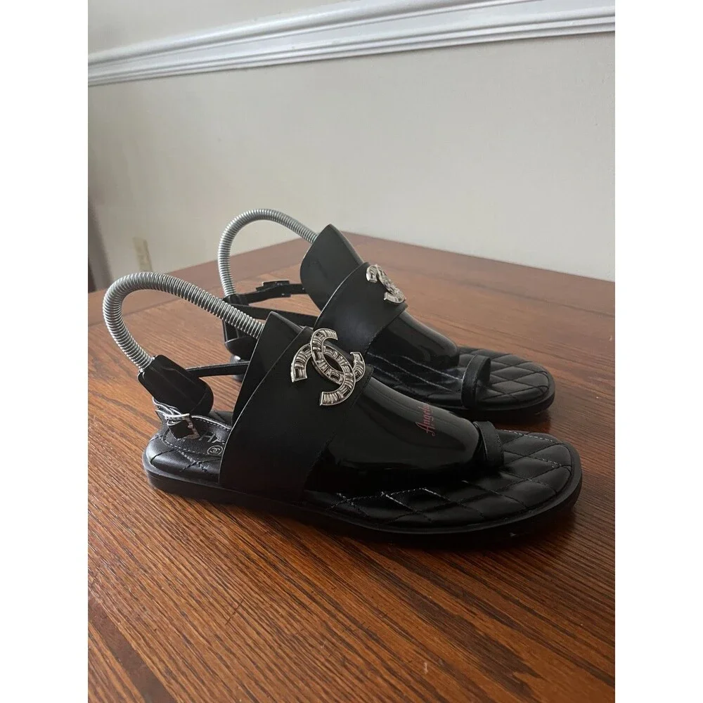 Chanel Black Quilted Leather CC Logo Thong Sandals, Size 39